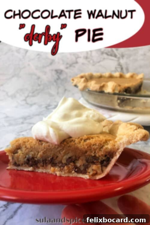 A beautifully styled image of Chocolate Walnut Pie, perfect for pinning, with text overlay for social sharing.