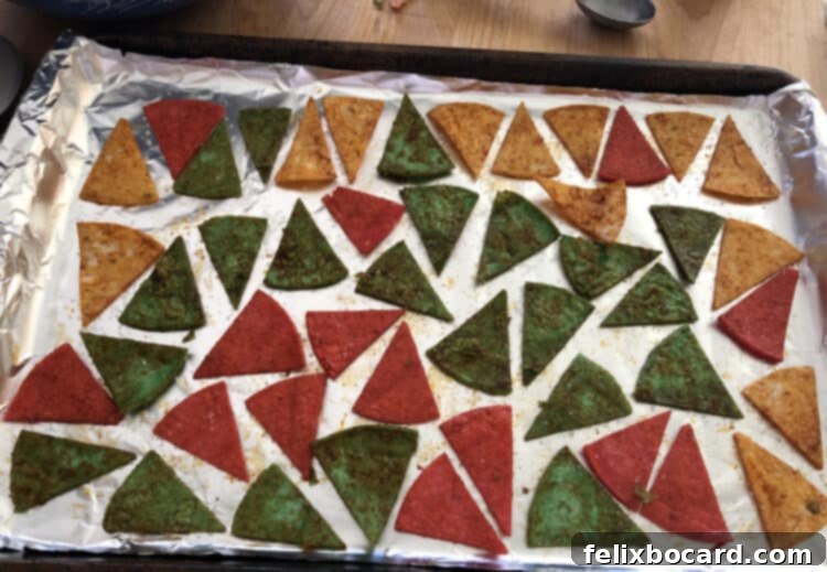 Golden Baked Corn Tortilla Chips 4 Unbaked tortilla chips on sheet