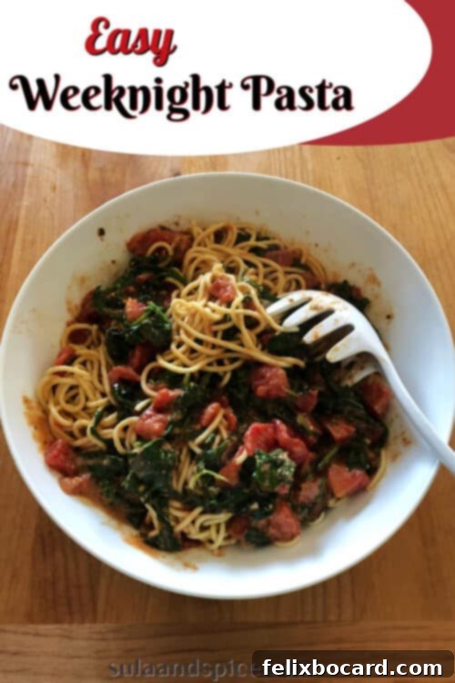 Pin for easy weeknight pasta, a visually appealing image designed for sharing on social media platforms like Pinterest.