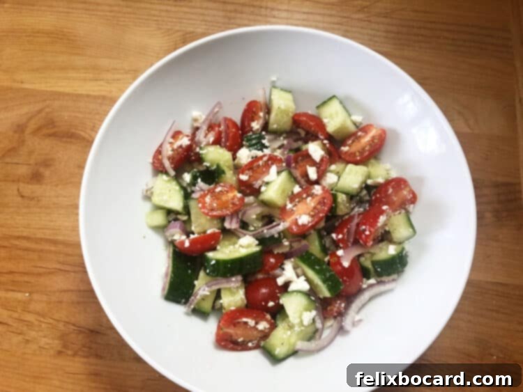 Greek salad with crumbled feta distributed