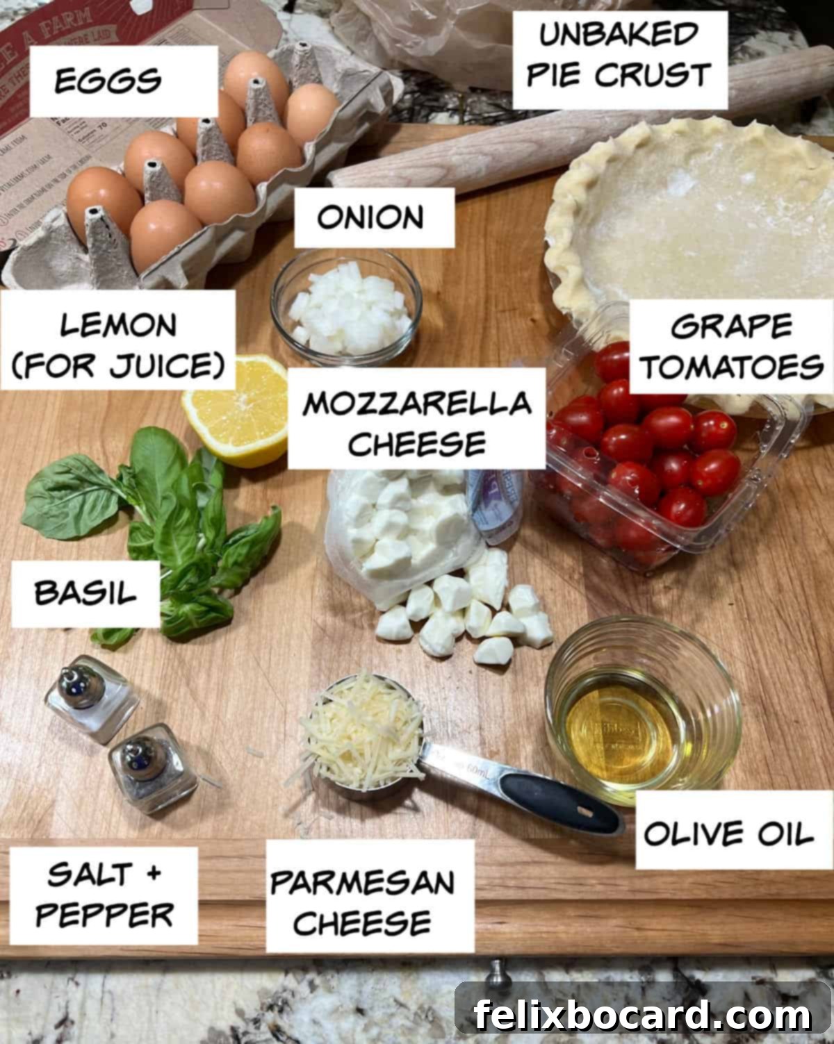 Ingredients: eggs, pie crust, onion, grape tomatoes, lemon, mozzarella cheese, basil, olive oil, Parmesan cheese, salt, and pepper.