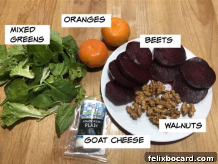 Goat Cheese Beet Salad 2 Image of labeled ingredients for beet salad: cooked beets, mandarin oranges, mixed greens, walnuts, and goat cheese