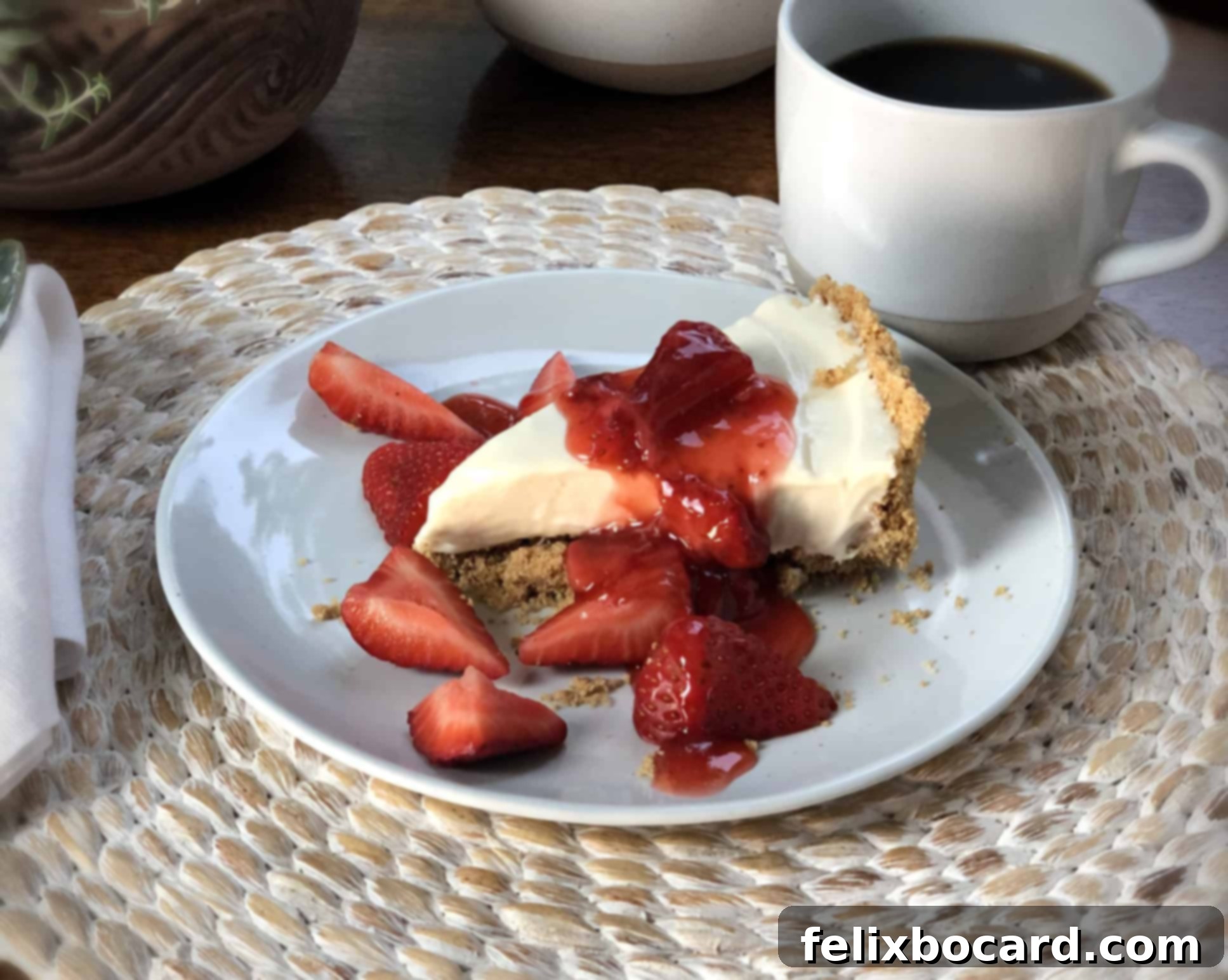 Oven-Free Cheesecake Delight 2 A perfectly sliced no-bake cheesecake adorned with fresh, glistening strawberries and a rich berry sauce, ready to be enjoyed.