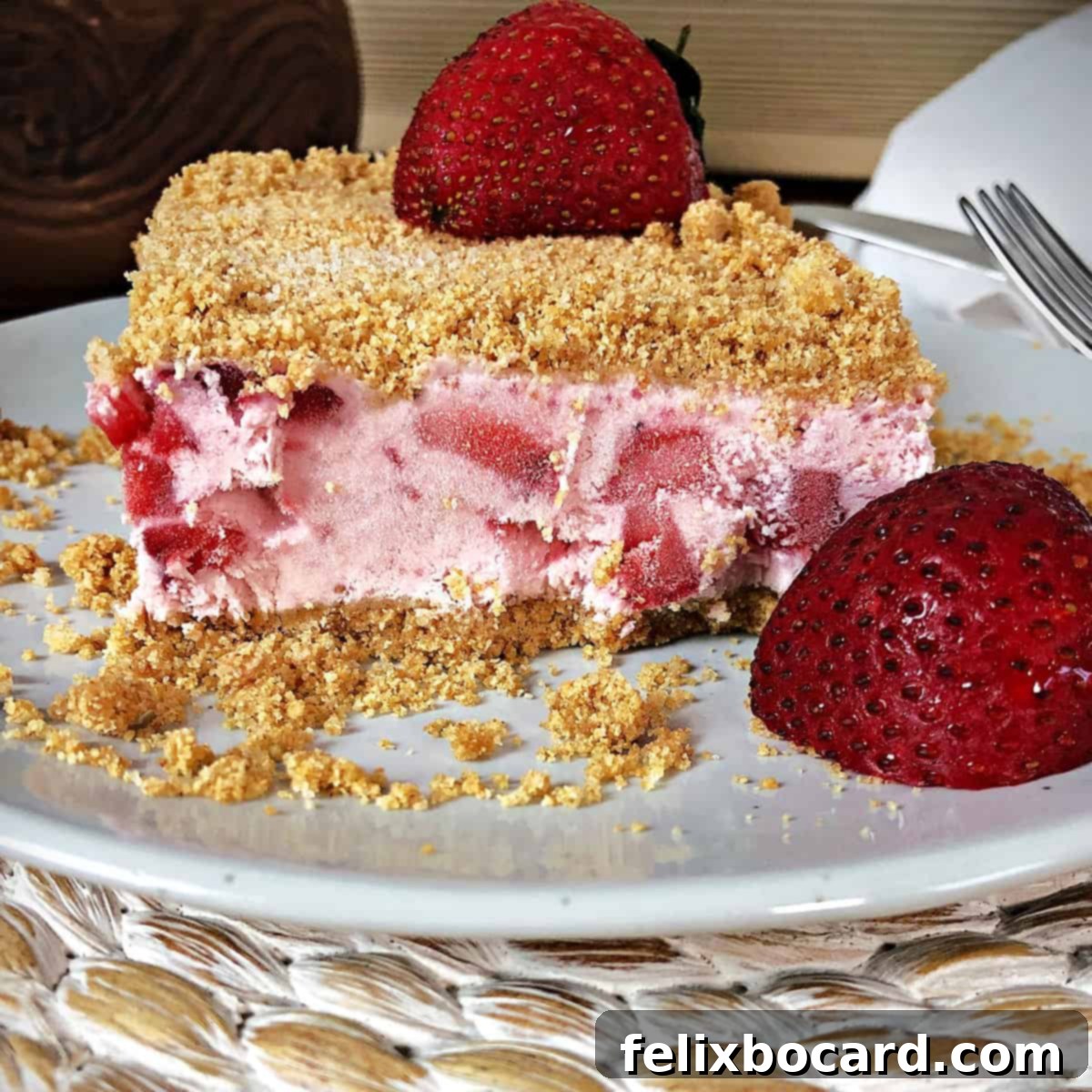 A square of frozen strawberry dessert, garnished with a fresh strawberry half, on a small white plate.