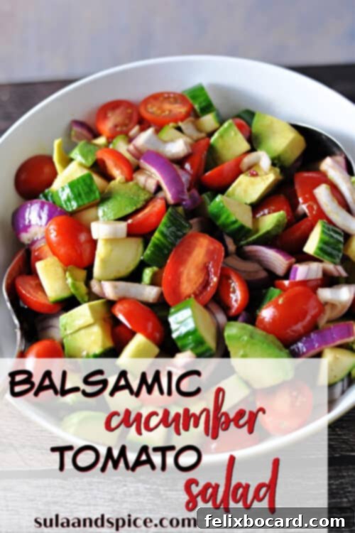 Pinterest pin for an easy Balsamic Cucumber Tomato Salad recipe, featuring the vibrant salad in a bowl.