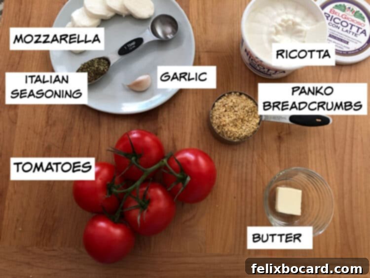 Fire-Roasted Stuffed Tomatoes 2 ingredients: tomatoes, mozzarella cheese, ricotta, panko, butter, garlic, italian seasoning