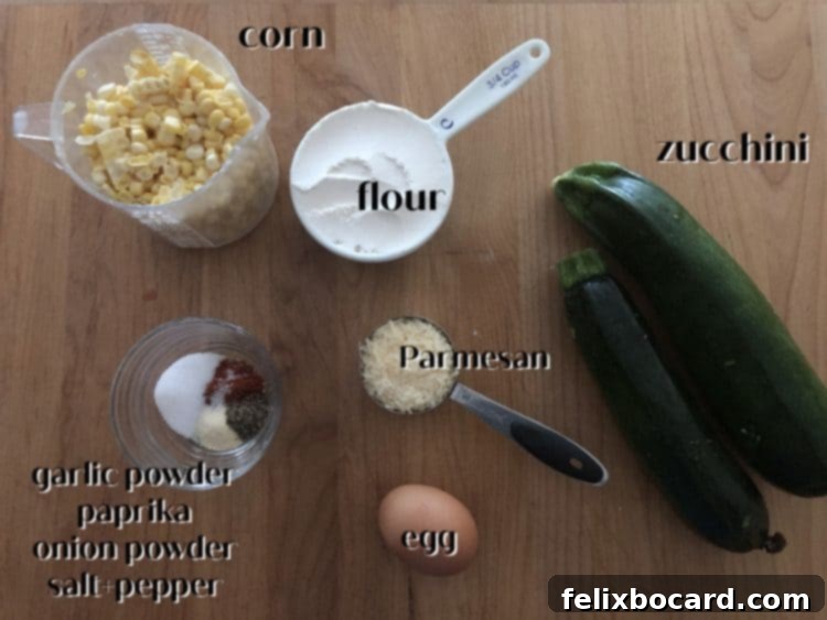 Golden Zucchini Corn Fritters 3 Picture of ingredients laid out for zucchini and corn fritters