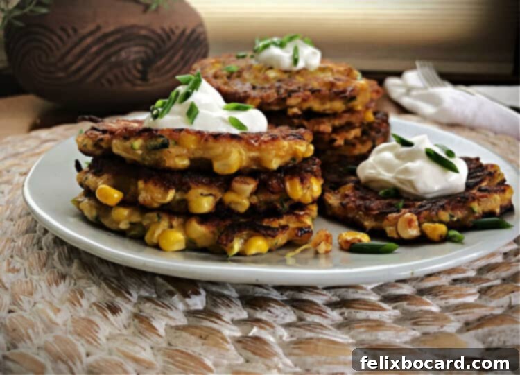 Golden Zucchini Corn Fritters 4 Stack of zucchini corn fritters on a plate, garnished with fresh herbs