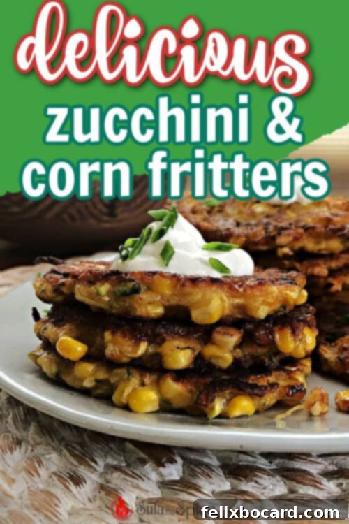 Golden Zucchini Corn Fritters 5 Pin graphic for zucchini corn fritters recipe