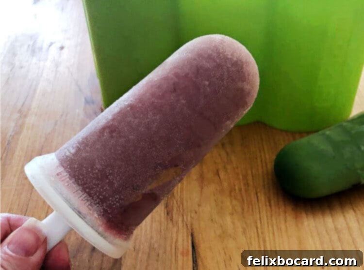 A hand holds a vibrant, berry-colored smoothie popsicle, ready to be enjoyed on a warm day.