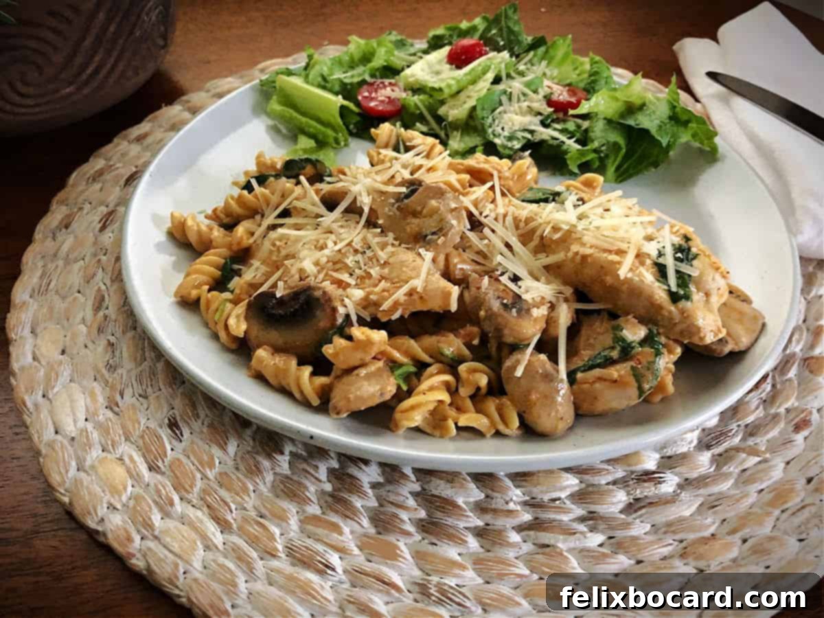 Creamy Sun-Dried Tomato Pesto Chicken Pasta served on rotini noodles with a fresh green salad.