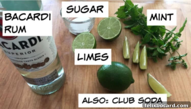 Mojito ingredients: white rum, sugar, fresh mint, limes, and club soda.
