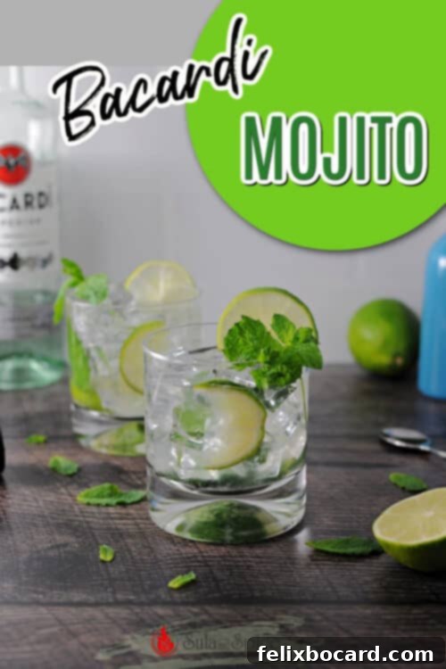 Pin graphic for Bacardi Mojito recipe featuring a refreshing cocktail with mint and lime.