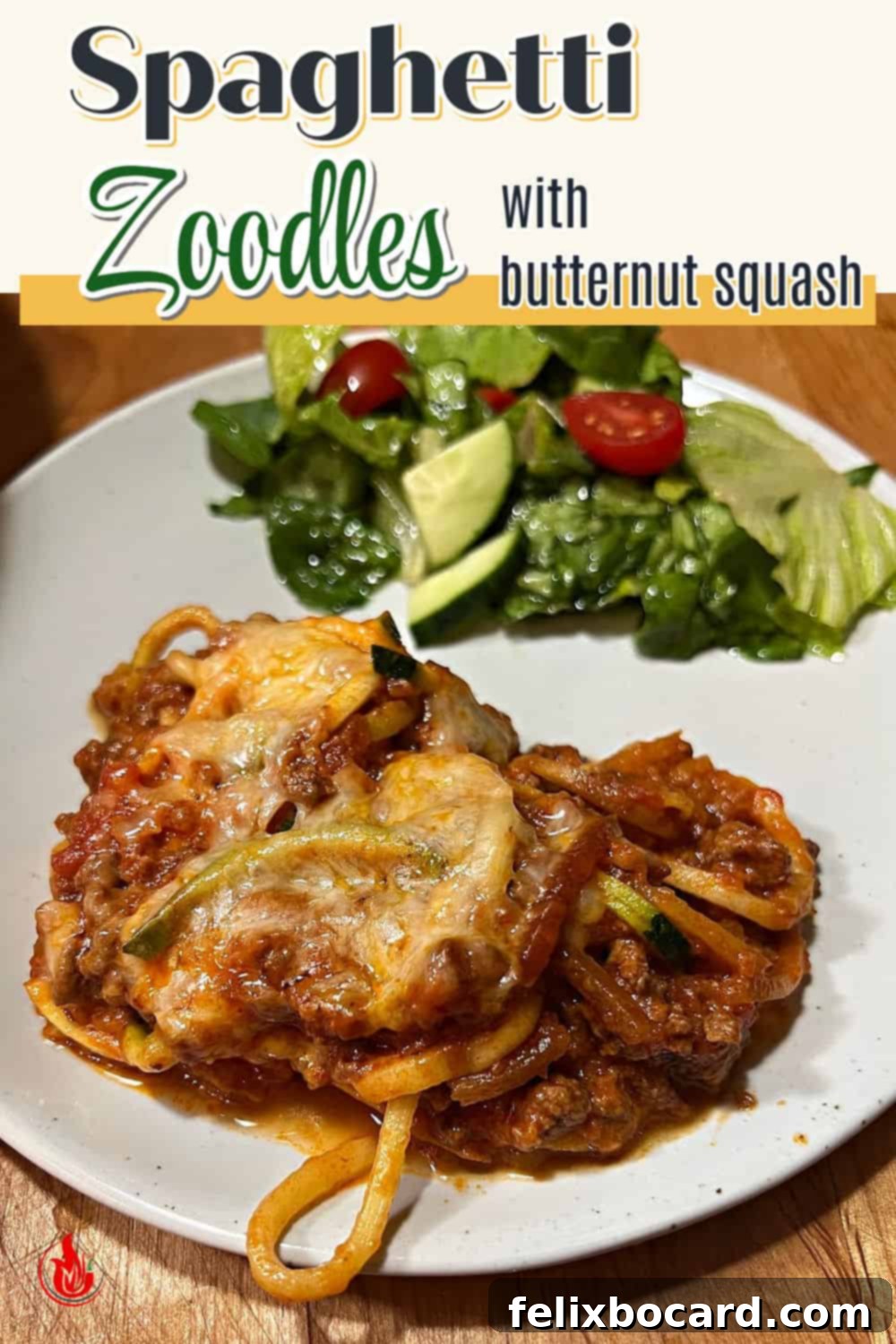 Pinterest pin showing a serving of butternut squash spaghetti bake, encouraging sharing of this healthy dish.