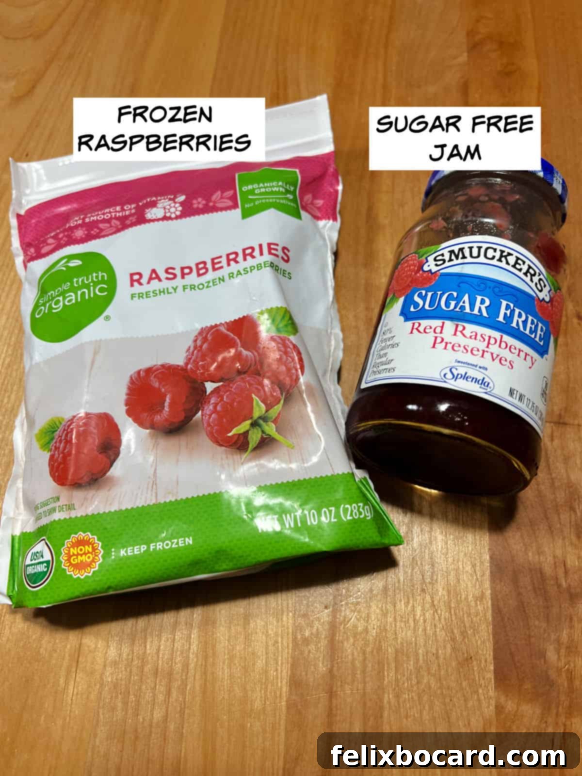 Two key ingredients for keto raspberry sauce: a bag of frozen raspberries and a jar of sugar-free jam.