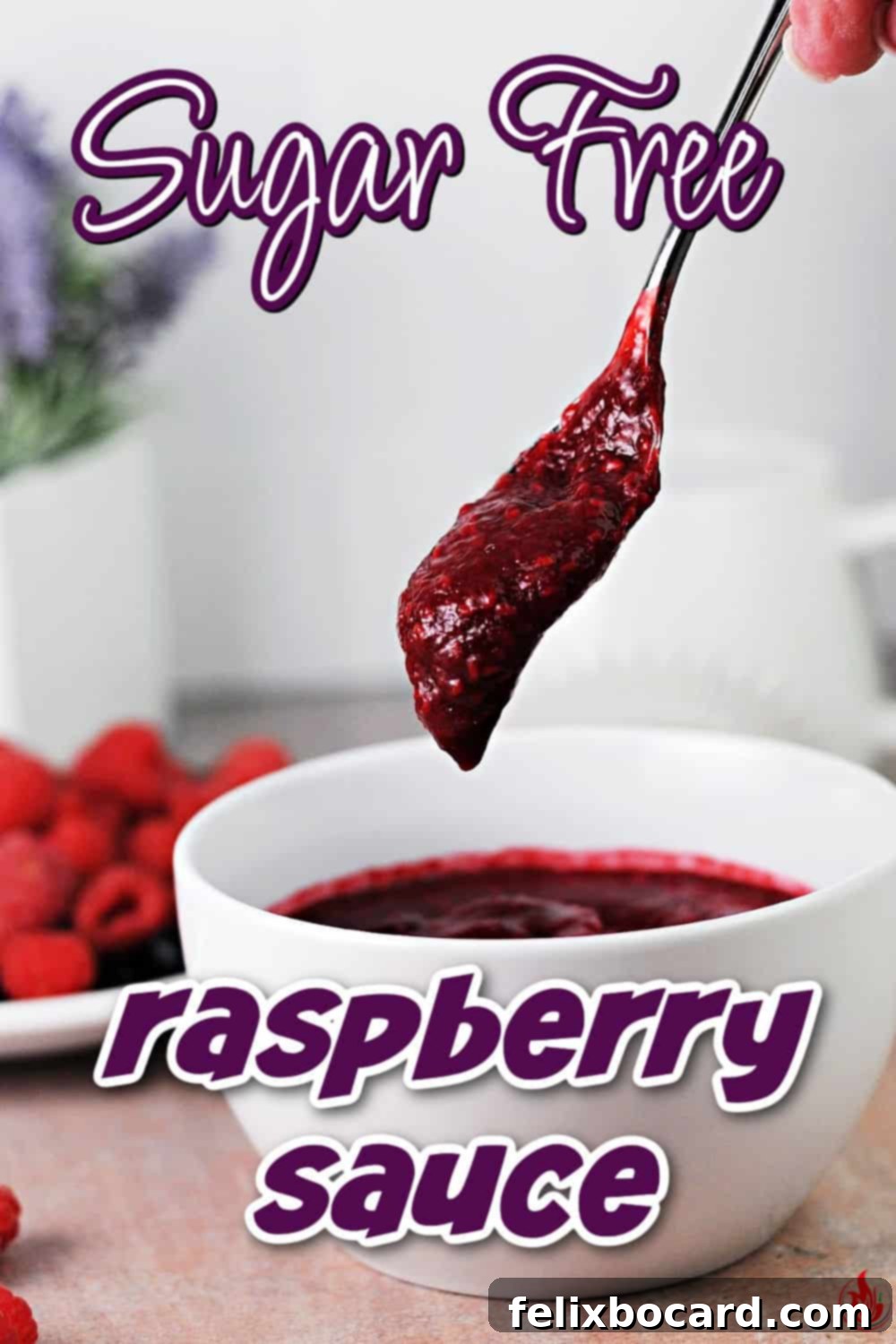 Pinterest pin featuring a bowl of delicious keto raspberry sauce, with a description for low-carb dessert ideas.