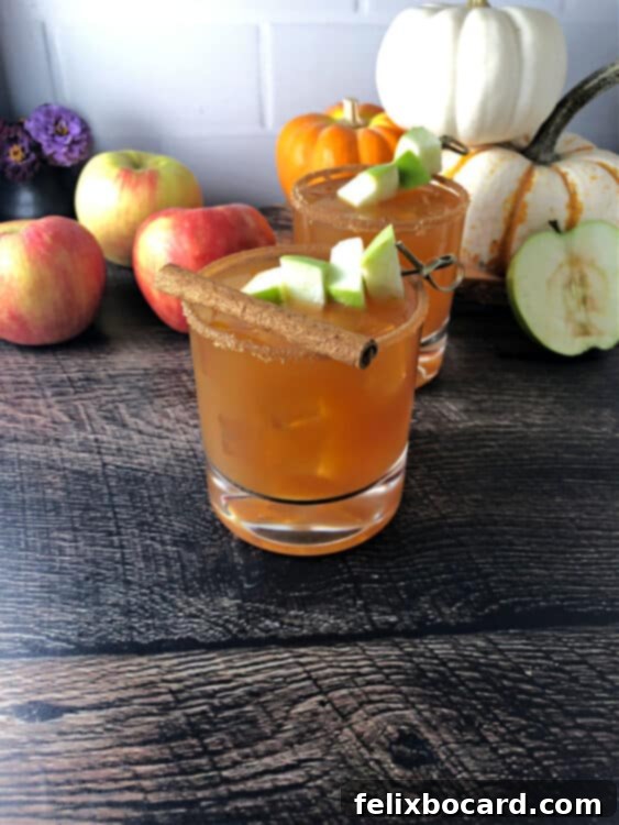 Caramel Apple Vodka Indulgence 3 Caramel apple cider vodka cocktail garnished with apple cubes and a cinnamon stick, ready to be enjoyed.