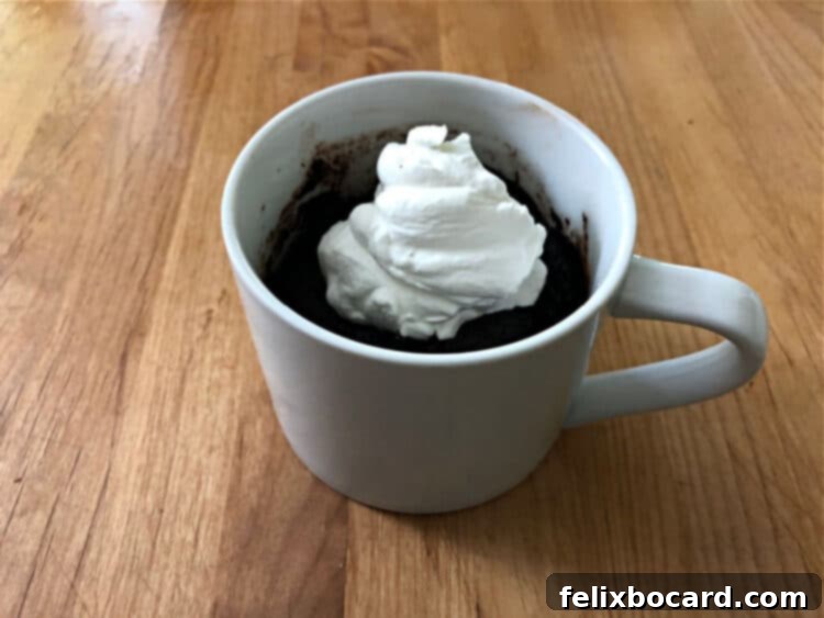 Keto chocolate cake in a mug with whipped cream on top