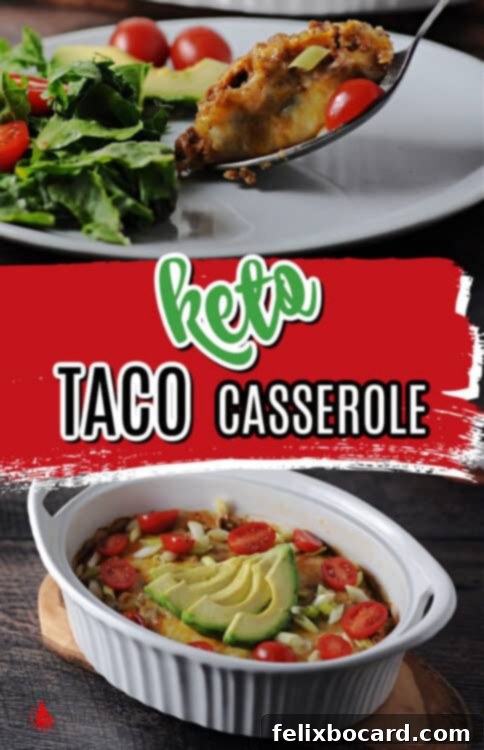 Pinterest pin for Keto Taco Casserole, showcasing a beautifully baked dish with fresh toppings and a vibrant text overlay, encouraging users to save this low-carb Tex-Mex recipe.