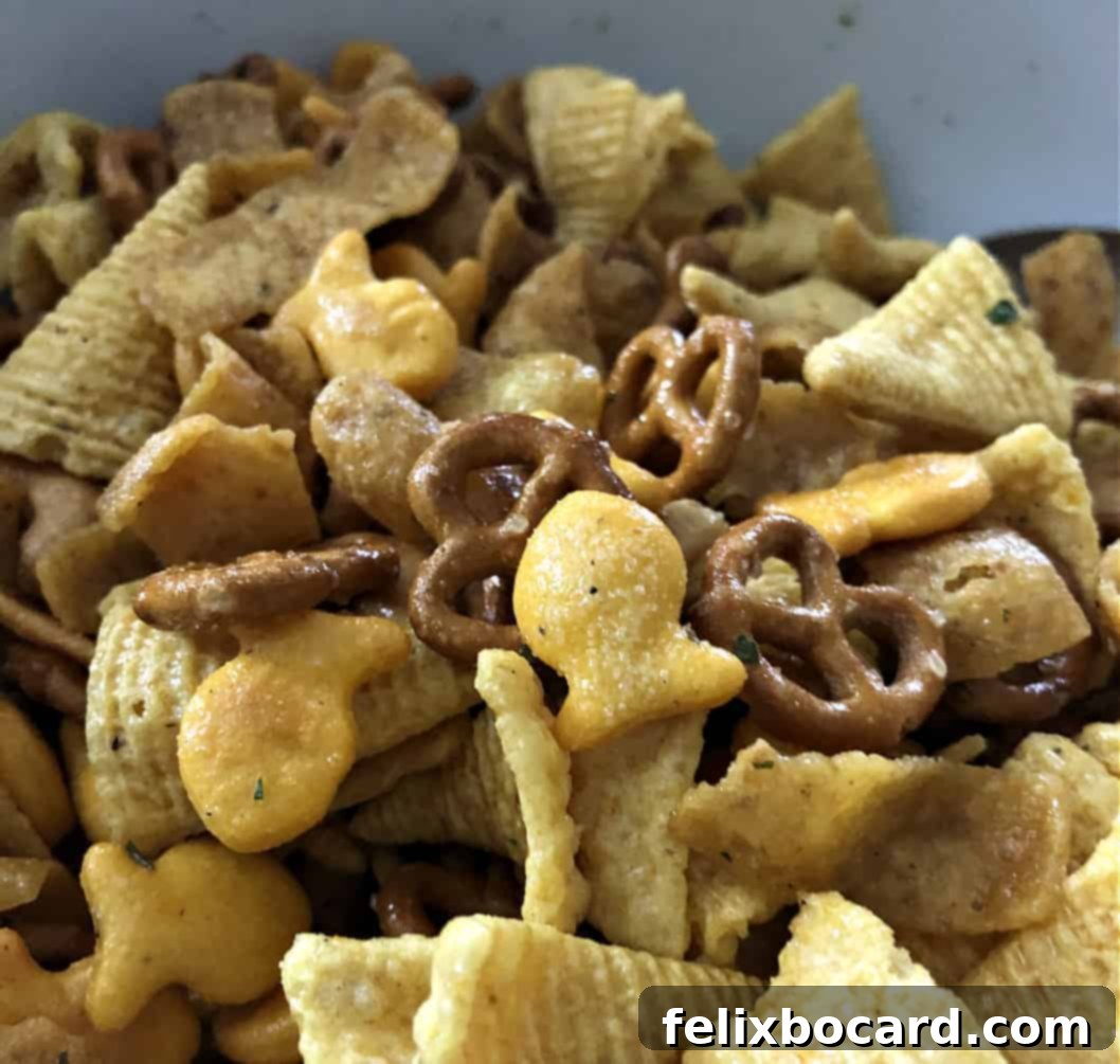 A close-up shot of the ranch party mix, highlighting the crispy Bugles and the flavorful seasoning.