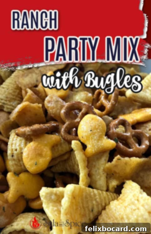 Pinterest pin image for Ranch Party Mix with Bugles, showing the mix in a bowl with Bugles clearly visible.