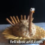 turkey shaped cheese ball surrounded by crackers