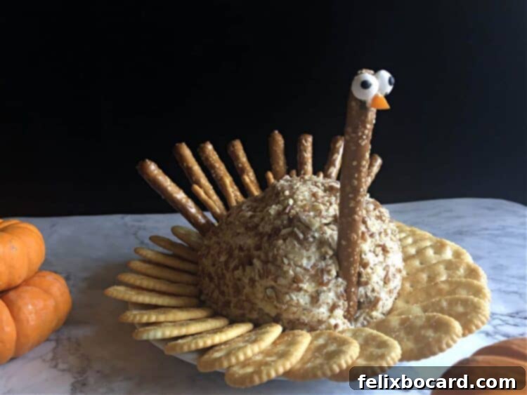 A finished turkey cheese ball, beautifully presented on a platter surrounded by various crackers for dipping.
