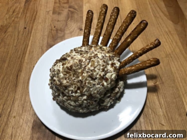 Completed turkey tail showing pretzels inserted straight up or at an angle for a dynamic look.