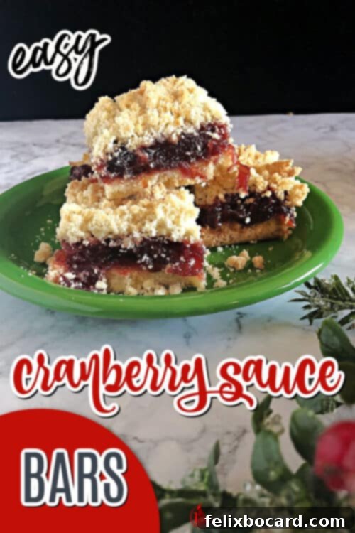 Pin for cranberry sauce bars, showing a stack of bars on a festive plate.