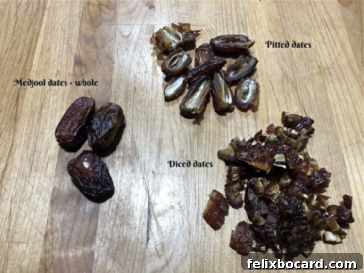 Medjool dates whole, pitted, and diced
