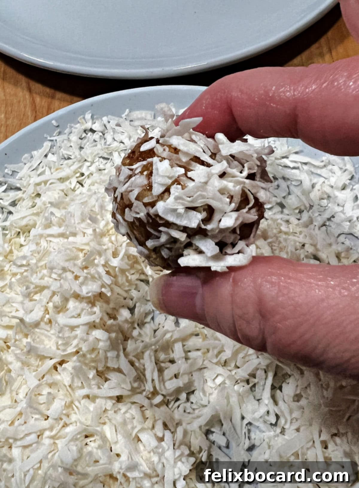 Date ball rolled in coconut.