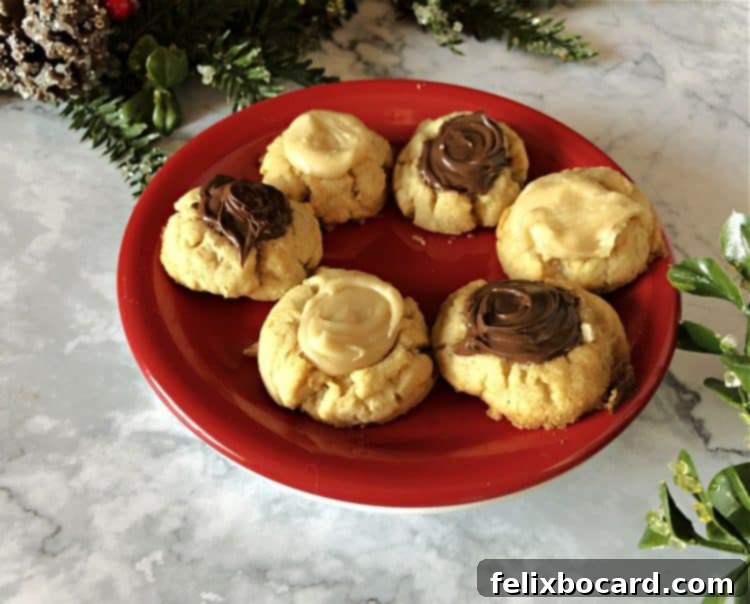 thumbprint cookies filled with icing and nutella on a red plate