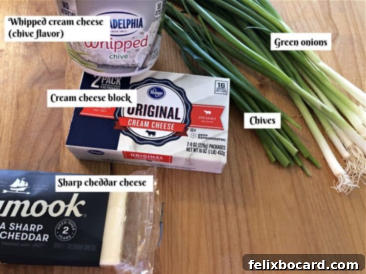 Ingredients needed: 2 types of cream cheese. sharp cheddar cheese, green onions and chives