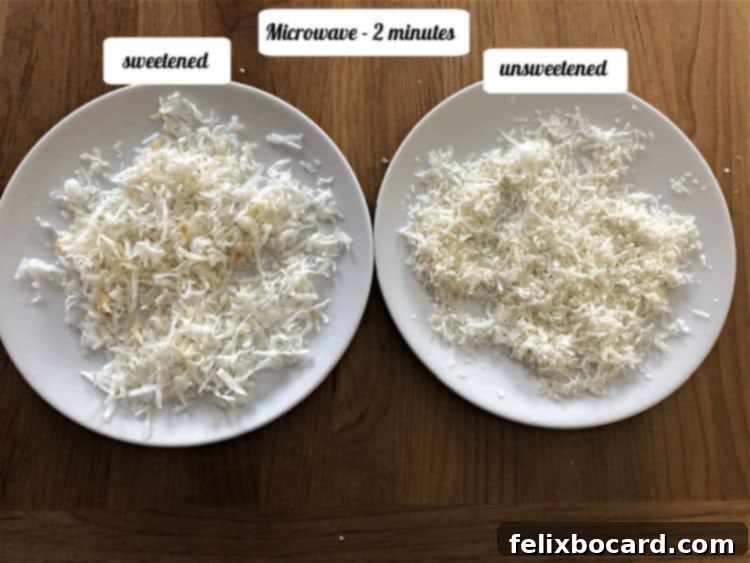 2 plates of coconut after microwaving for 2 minutes