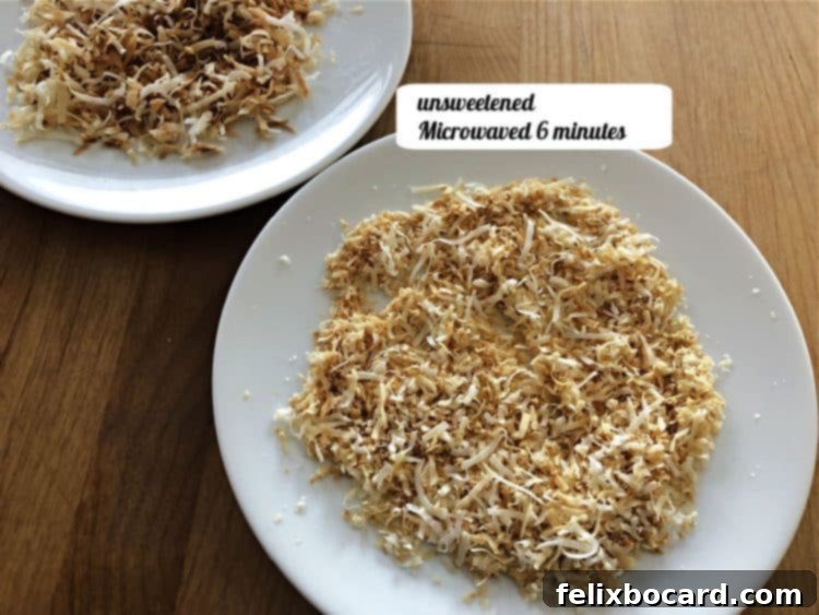 close up of a plate of unsweetened coconut after microwaving 6 minutes