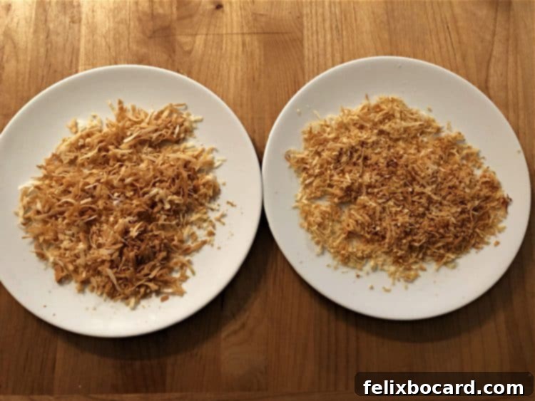 2 plates of oven toasted coconut flakes