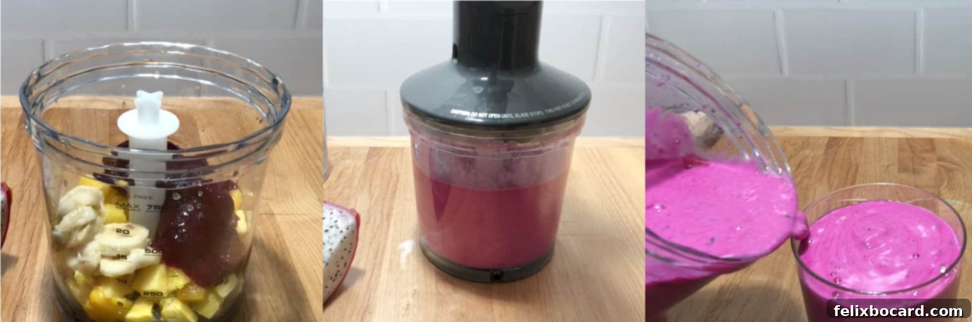 Collage of three pictures illustrating the process of making a dragon fruit smoothie, from ingredients to blending.