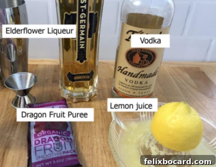 Ingredients for a dragon fruit cocktail laid out: elderflower liqueur, vodka, fresh lemon juice, and a pack of dragon fruit puree.