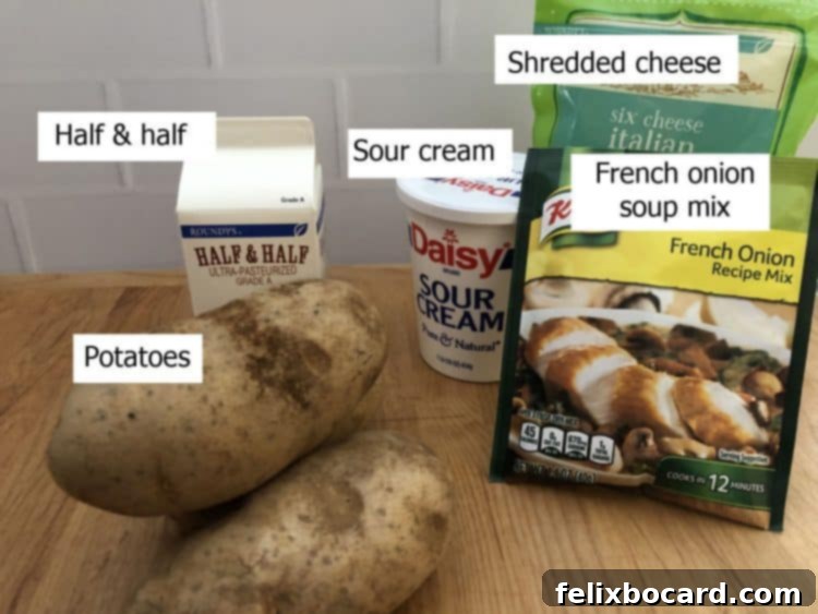 Caramelized Onion Potato Gratin 2 Ingredients for French Onion Potato Bake including potatoes, sour cream, half and half, shredded Italian cheese, and a packet of French onion soup mix