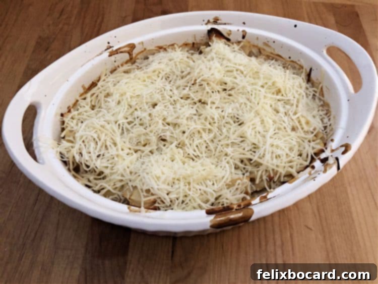 Caramelized Onion Potato Gratin 3 Partially baked French onion potatoes showing tender potatoes in a creamy sauce