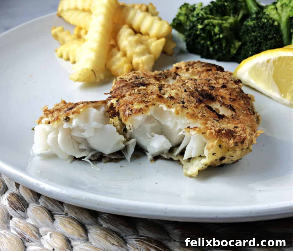 A beautifully plated potato crusted cod fillet on a white dish, garnished with fresh herbs and a lemon wedge.