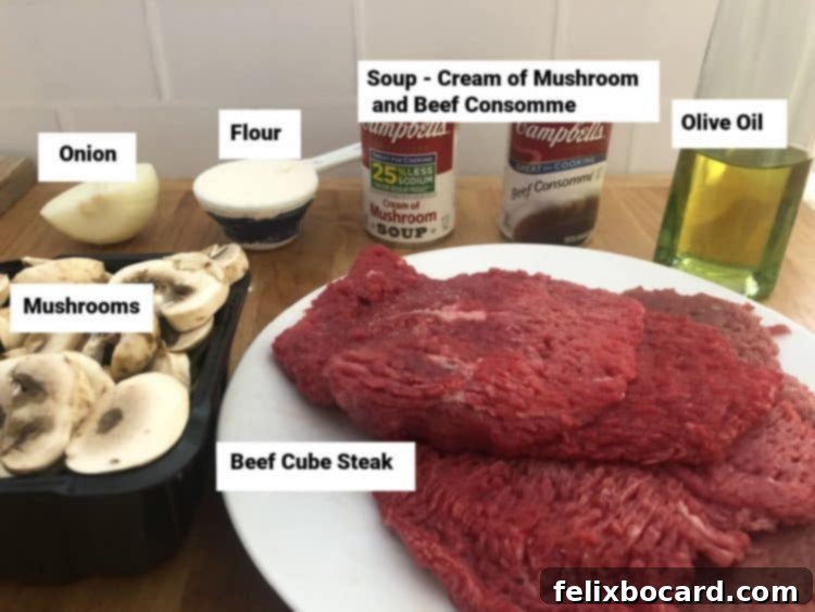Ingredients needed: steak, mushrooms, onion, flour, cans of soup, olive oil