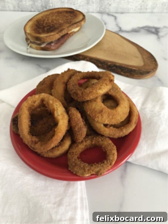 Air Fried Onion Rings on a small red plate