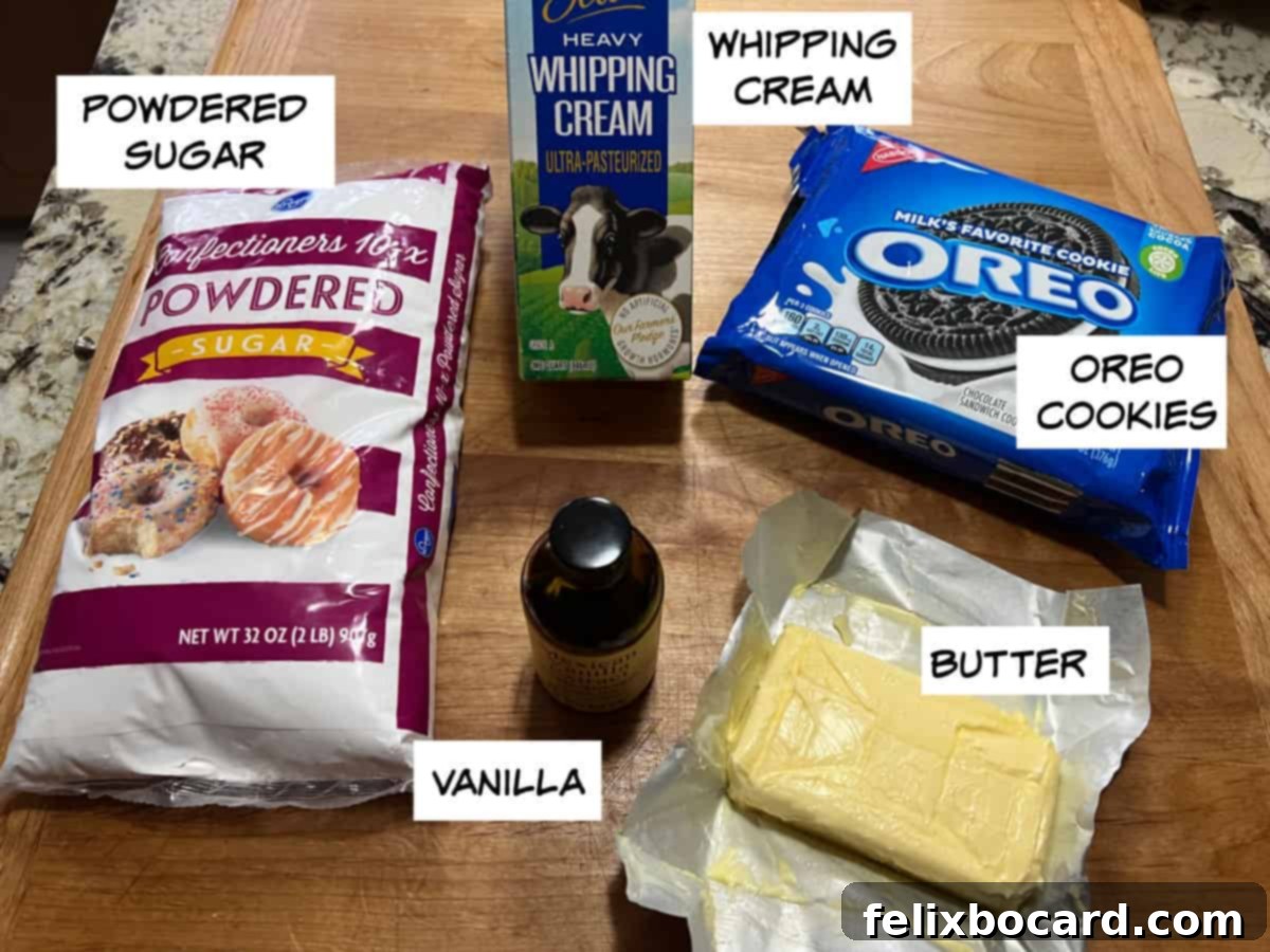 Key ingredients for Oreo buttercream: powdered sugar, whipping cream, Oreo cookies, softened butter, and vanilla extract.
