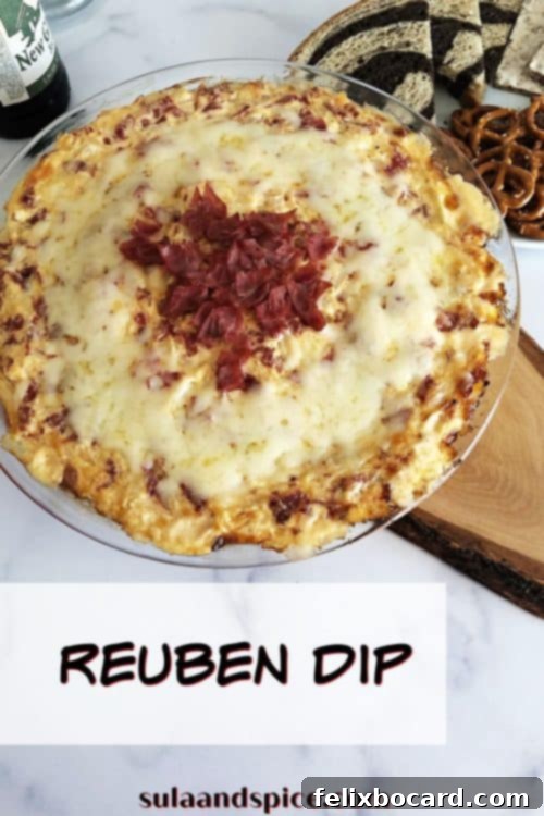 Promotional image for Reuben dip, showing a pin for Pinterest