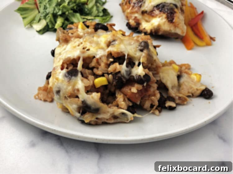 Scoop of delicious brown rice and black bean bake served on a white plate