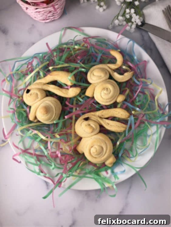 Hoppy Easter Bunny Dinner Buns 4 bunny crescent rolls on pastel easter grass
