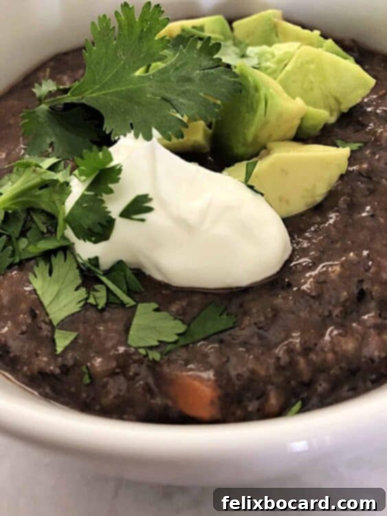 Creamy Black Bean Soup topped generously with sour cream, fresh avocado slices, and vibrant cilantro, ready to be served.
