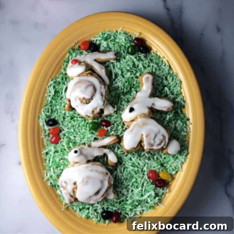 Bunny cinnamon rolls on a bed of edible easter grass