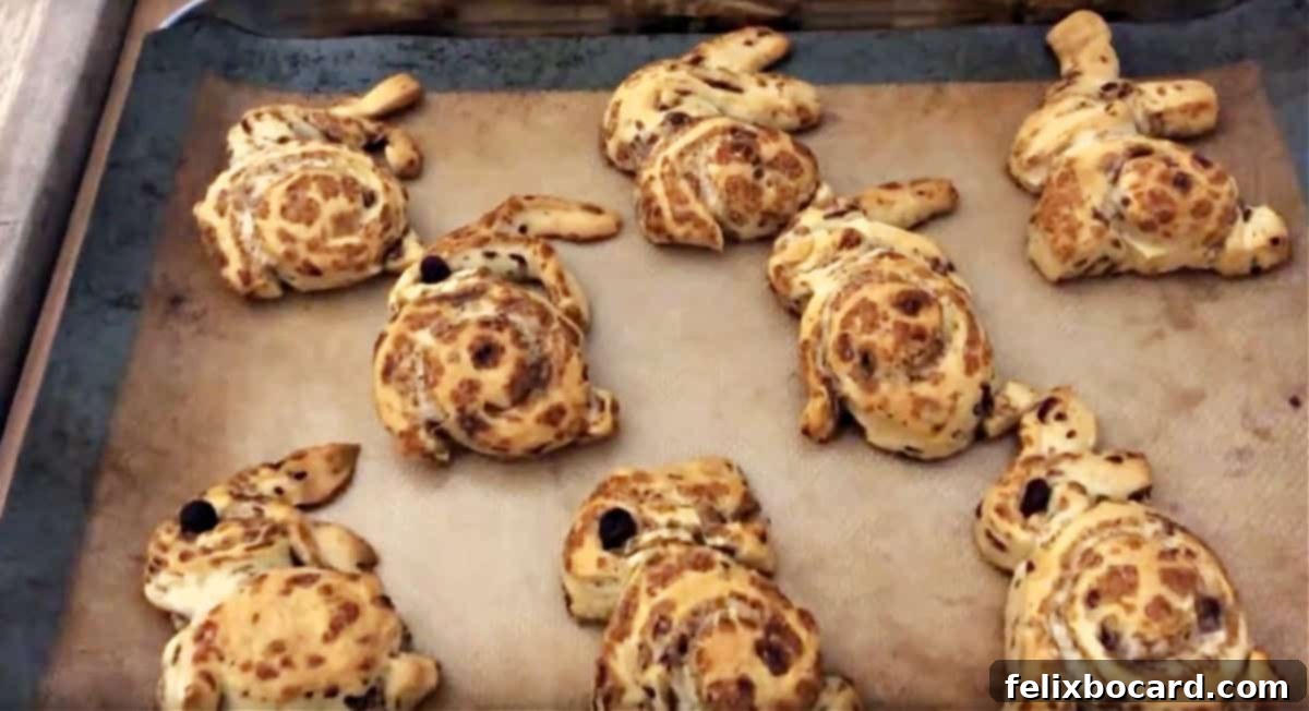 Sheet of bunny shaped cinnamon rolls baked before frosting.